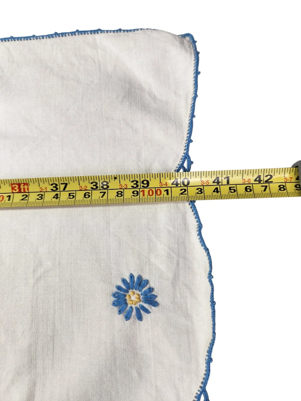 Vintage Hand Embroidered Linen Table Runner Dresser Scalloped Edge Blue Pink
